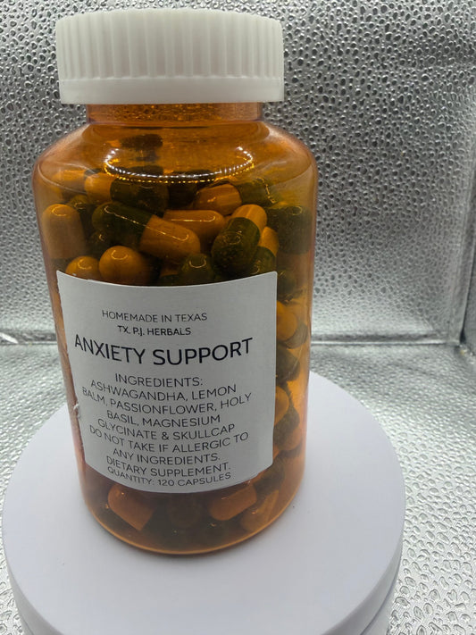 All-Natural Anxiety Support supplement bottle with botanical ingredients for stress relief and calmness