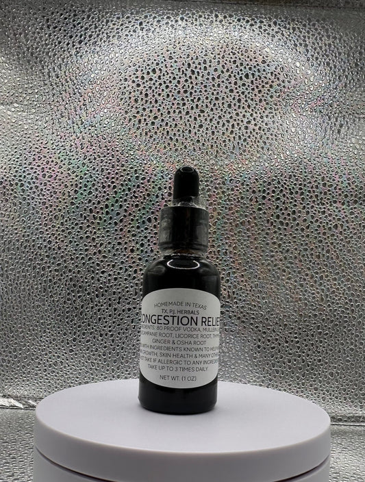 Bottle of All-Natural Congestion Relief Tincture with herbs for clear breathing