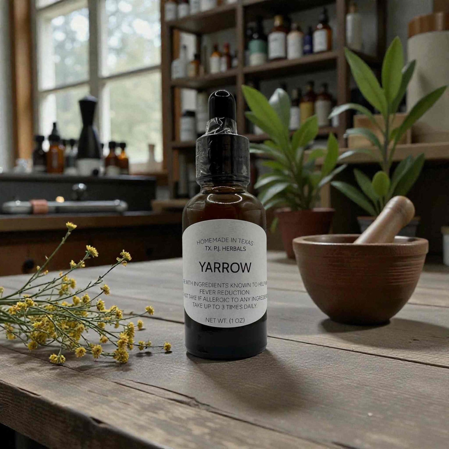 Bottle of all-natural yarrow tincture with fresh yarrow herb and a wooden dropper on a wooden surface