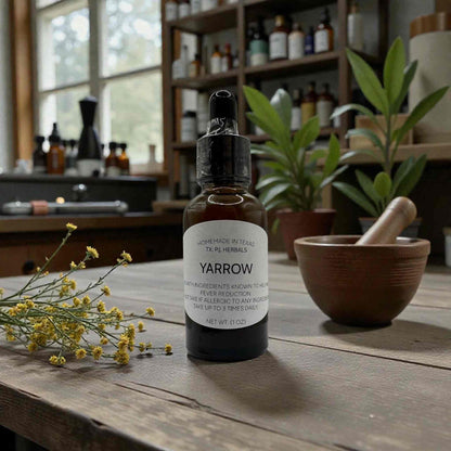 Bottle of all-natural yarrow tincture with fresh yarrow herb and a wooden dropper on a wooden surface