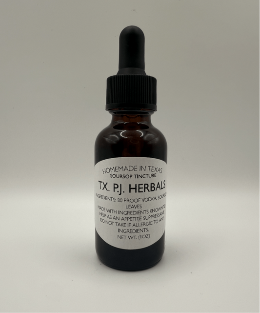 Bottle of homemade Soursop Tincture by TX. PJ. Herbals for blood sugar regulation and appetite control with natural ingredients.