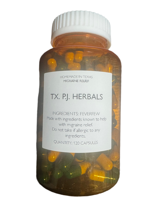 Bottle of TX. P.J. Herbals Feverfew capsules for natural migraine relief with 120 capsules inside