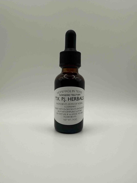 Brown glass bottle of Elderberry Tincture with dropper and white label showing herbal supplement details