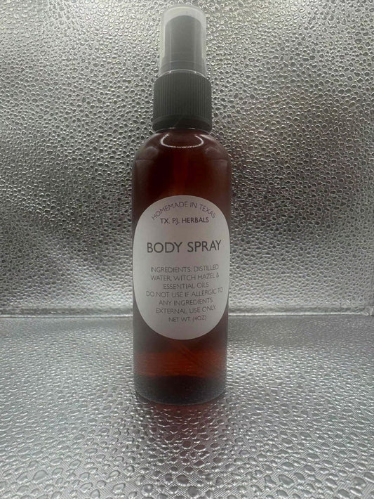 All-natural body spray in amber bottle with spray nozzle, made from distilled water, witch hazel, and essential oils, chemical-free fragrance