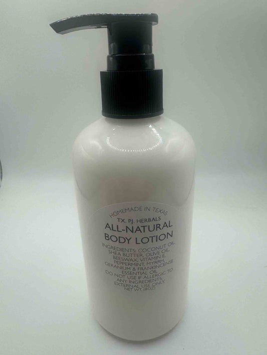 All-natural body lotion in 8 oz pump bottle for deep hydration and relaxation with organic ingredients