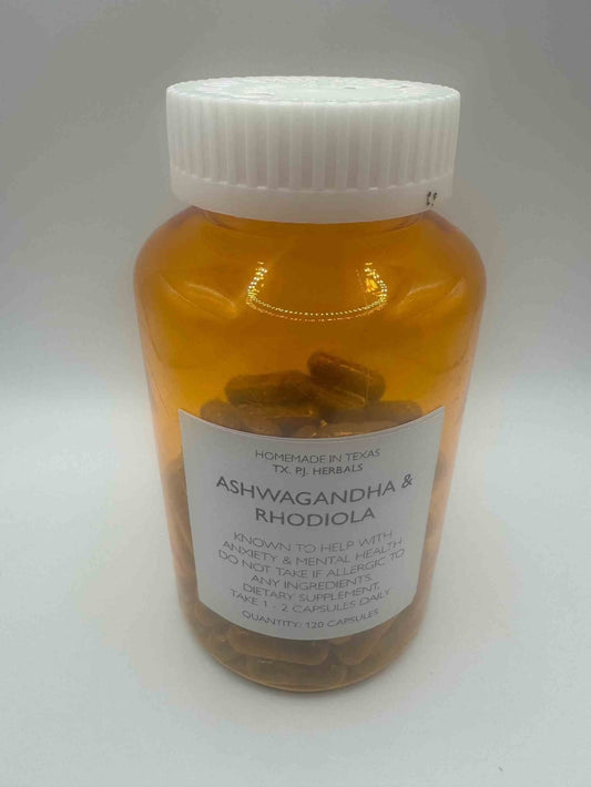 Amber bottle of Ashwagandha and Rhodiola capsules for anxiety and stress support